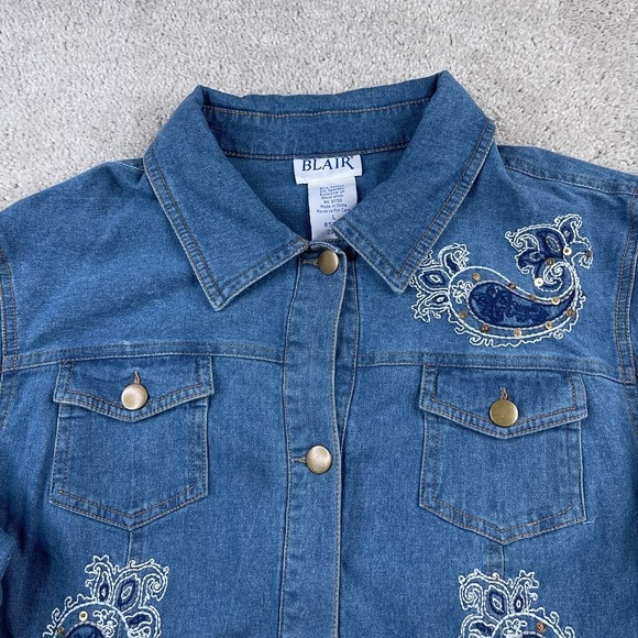 Blair Jacket Womens Large Blue Jean Denim Embroidered Paisley Sequins Button Up - Picture 2 of 13